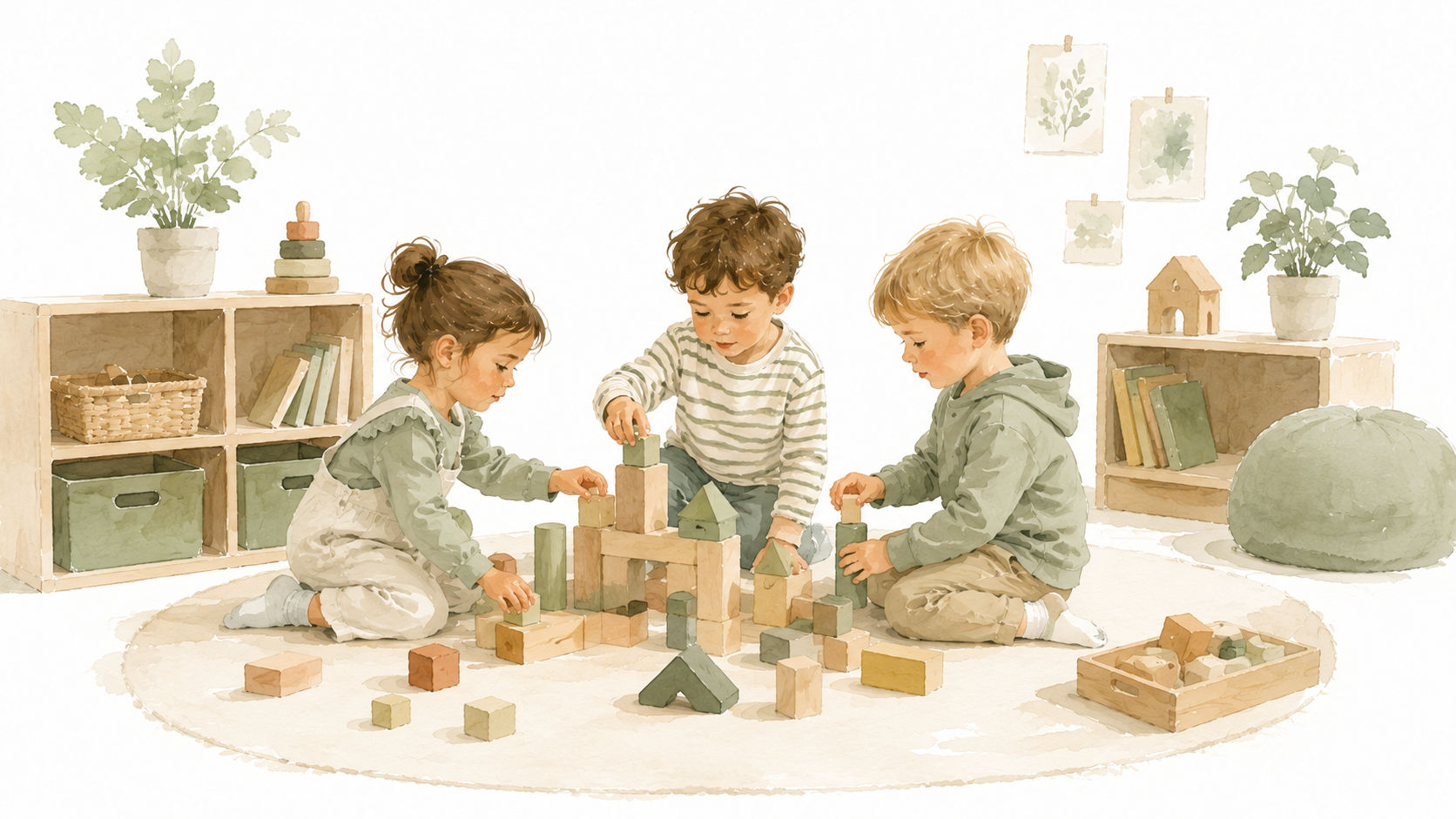 Drei Kinder bauen gemeinsam mit Holzbausteinen