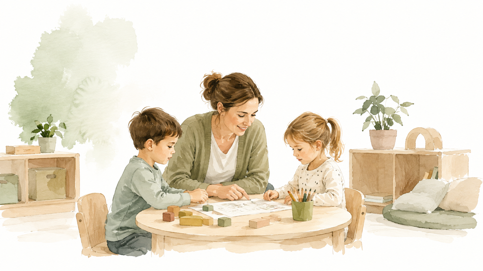 Pädagogische Fachkraft begleitet zwei Kinder am Tisch