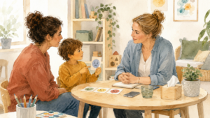 Eine Kita-Leitung sitzt mit einem Elternteil und einem Kind an einem Tisch; das Kind zeigt eine Gefühlskarte.