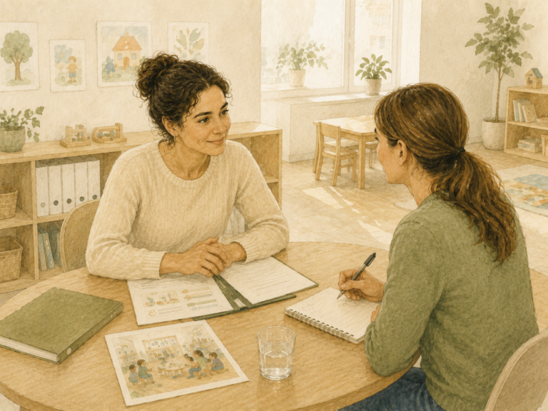 Pädagogische Fachkraft und Mutter sitzen in einer Kita an einem Tisch und führen ein Entwicklungsgespräch über das Kind.