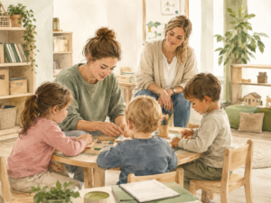 Angehende pädagogische Fachkraft begleitet Kinder bei einer Aktivität in einem hellen Kita-Raum.
