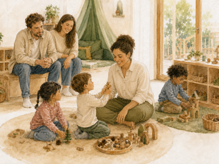 Eine pädagogische Fachkraft begleitet mehrere Kinder beim Spielen, während Mutter und Vater die Situation im Hintergrund beobachten.