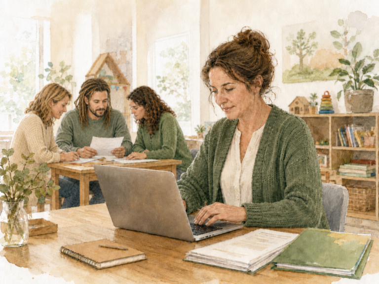 Kita-Leitung arbeitet am Laptop an der Konzeption, während drei Fachkräfte im Hintergrund gemeinsam Unterlagen besprechen.