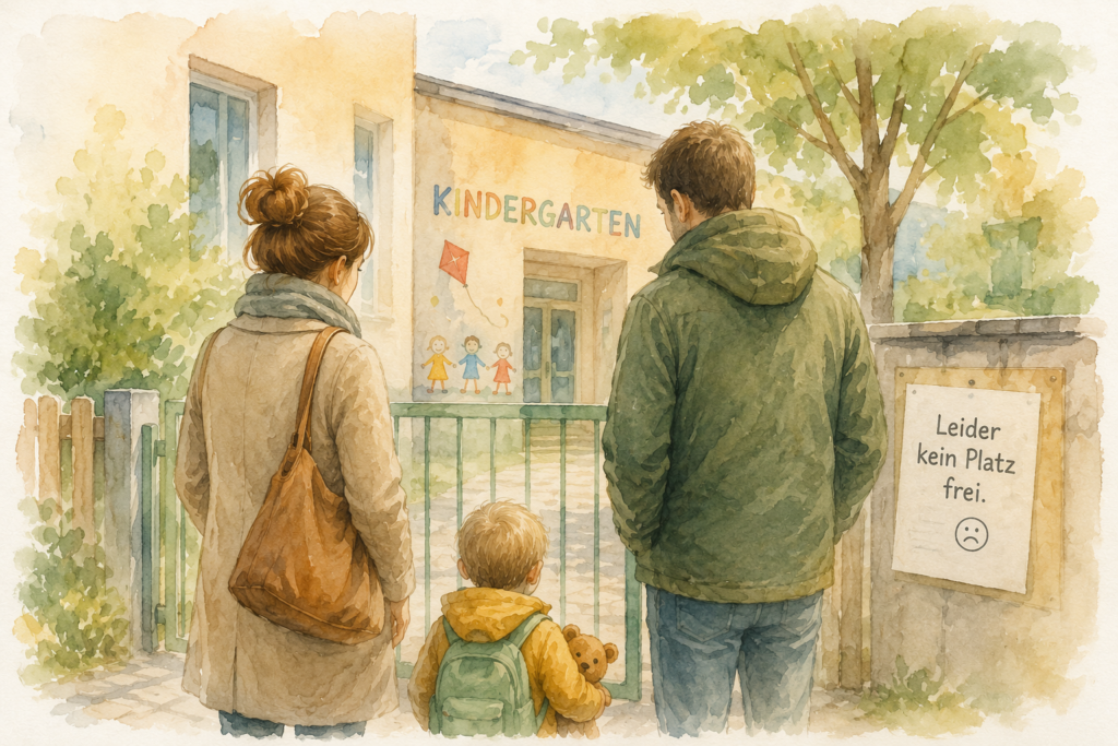 Eine Familie steht vor einer Kita, an deren Eingang ein Hinweis auf fehlende freie Plätze hängt.