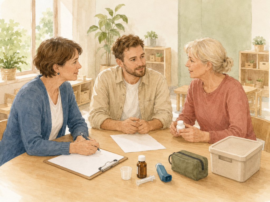 Drei pädagogische Fachkräfte besprechen in einem hellen Kita-Raum den sicheren Umgang mit Medikamenten und Notfallutensilien.