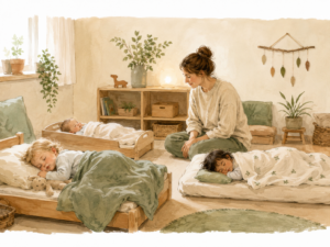 Pädagogische Fachkraft sitzt in einem ruhigen Schlafraum bei drei schlafenden Kindern und begleitet die Mittagsschlafzeit in der Kita.