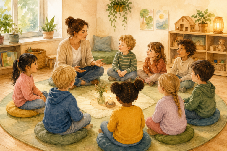 Eine pädagogische Fachkraft sitzt mit mehreren Kindern in einem Morgenkreis und führt ein gemeinsames Gespräch.