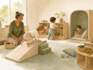 Pädagogische Fachkraft begleitet drei Kleinkinder in einem hellen U3-Raum mit Bewegungsbereich, erreichbaren Materialien und geschützter Rückzugsmöglichkeit.
