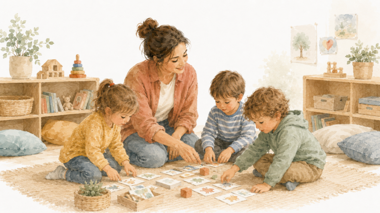 Pädagogische Mitarbeiterin begleitet drei Kinder bei einer gemeinsamen Lern- und Spielaktivität.