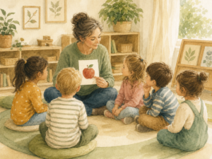Pädagogische Fachkraft sitzt mit fünf Kindern im Kreis und nutzt eine Bildkarte mit einem Apfel für eine gemeinsame Sprachsituation.