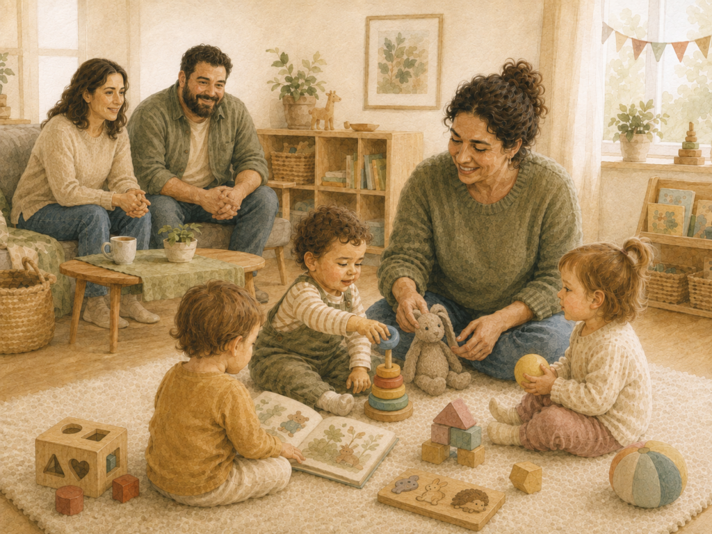 Eine Kindertagespflegeperson sitzt mit drei kleinen Kindern auf einem Teppich und begleitet sie beim Spielen, während Mutter und Vater die Betreuungssituation im Hintergrund kennenlernen.