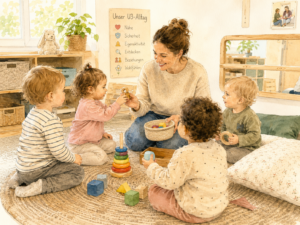 Pädagogische Fachkraft sitzt mit vier Kleinkindern auf dem Boden und begleitet sie beim gemeinsamen Spielen mit altersgerechten Materialien.
