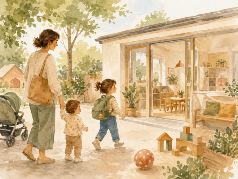 Aquarellillustration einer Mutter mit zwei Kindern vor einer hellen Kindertageseinrichtung.