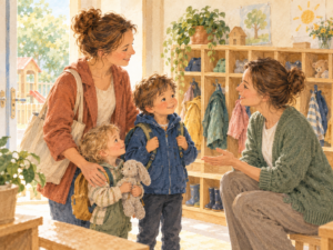 Aquarellillustration einer Mutter mit zwei Kindern im Gespräch mit einer Kita-Mitarbeiterin im Eingangsbereich einer Kita.