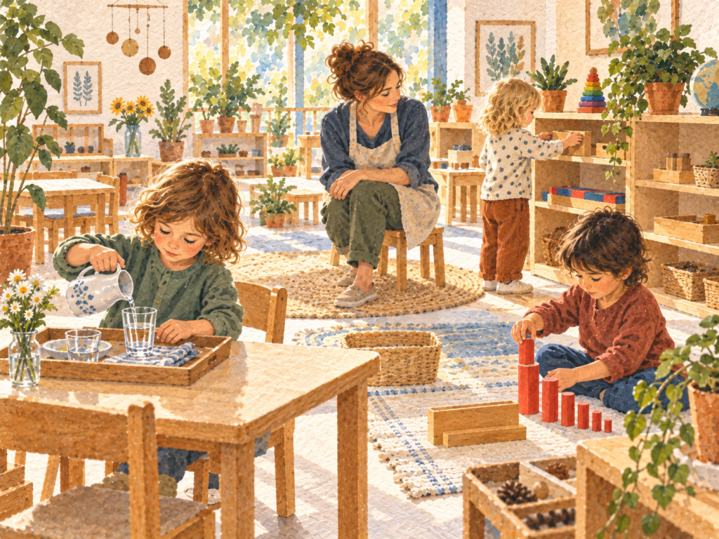 Kinder beschäftigen sich in einem hellen Montessori-Kindergarten selbstständig mit Wasser und Materialien