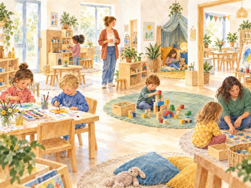 Aquarellillustration eines hellen Kindergartens mit verschiedenen offenen Spiel- und Lernbereichen, in denen Kinder und Fachkräfte verteilt aktiv sind.