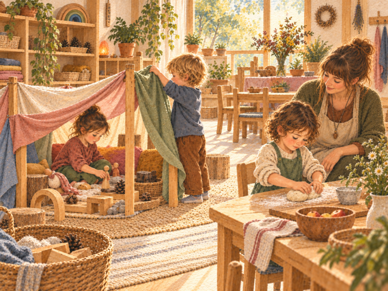 Kinder spielen und backen gemeinsam mit einer Erzieherin in einem hellen Waldorfkindergarten